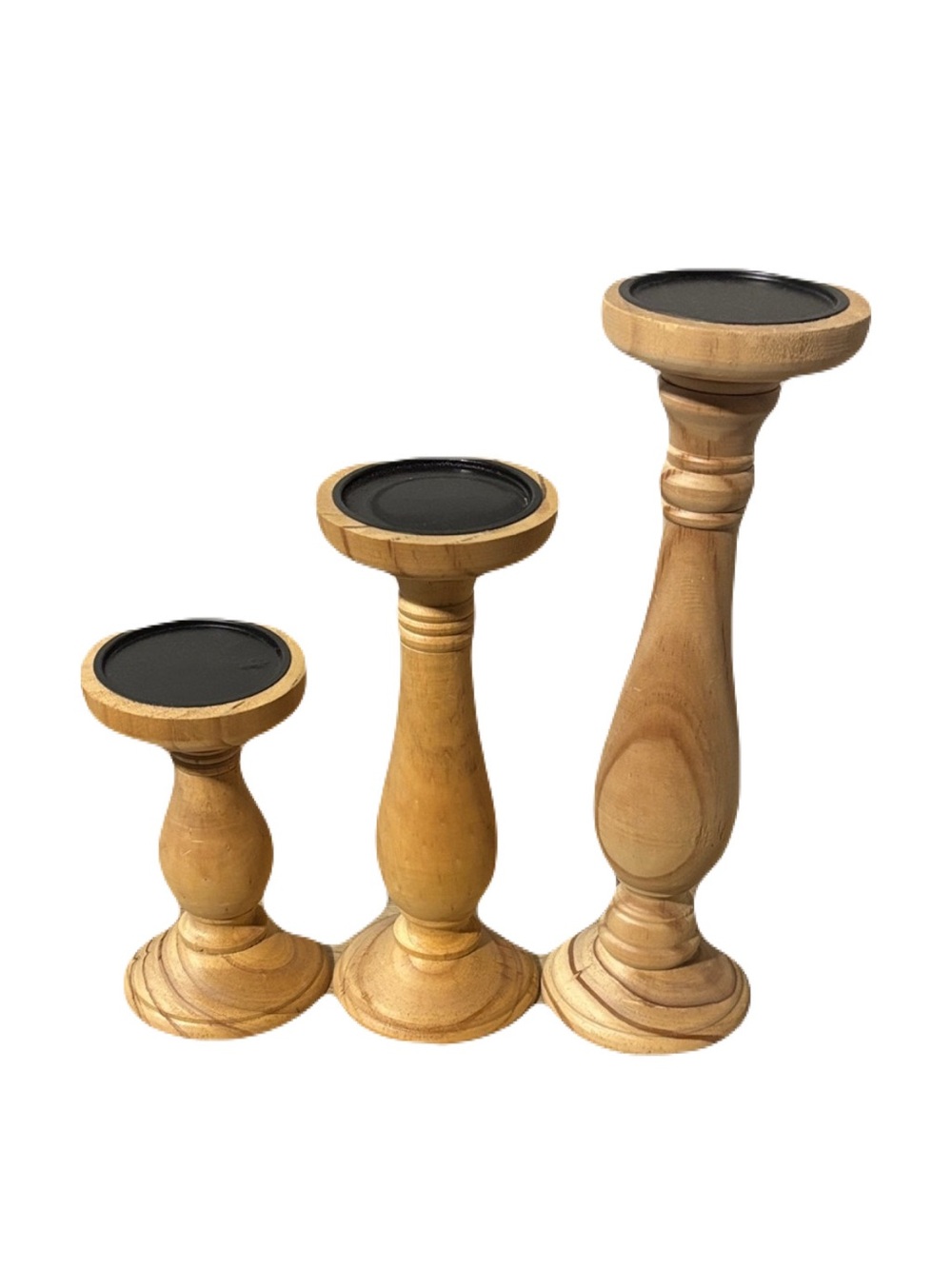 Wooden Pedestal Candle Holders Set of 3 - Natural Wood